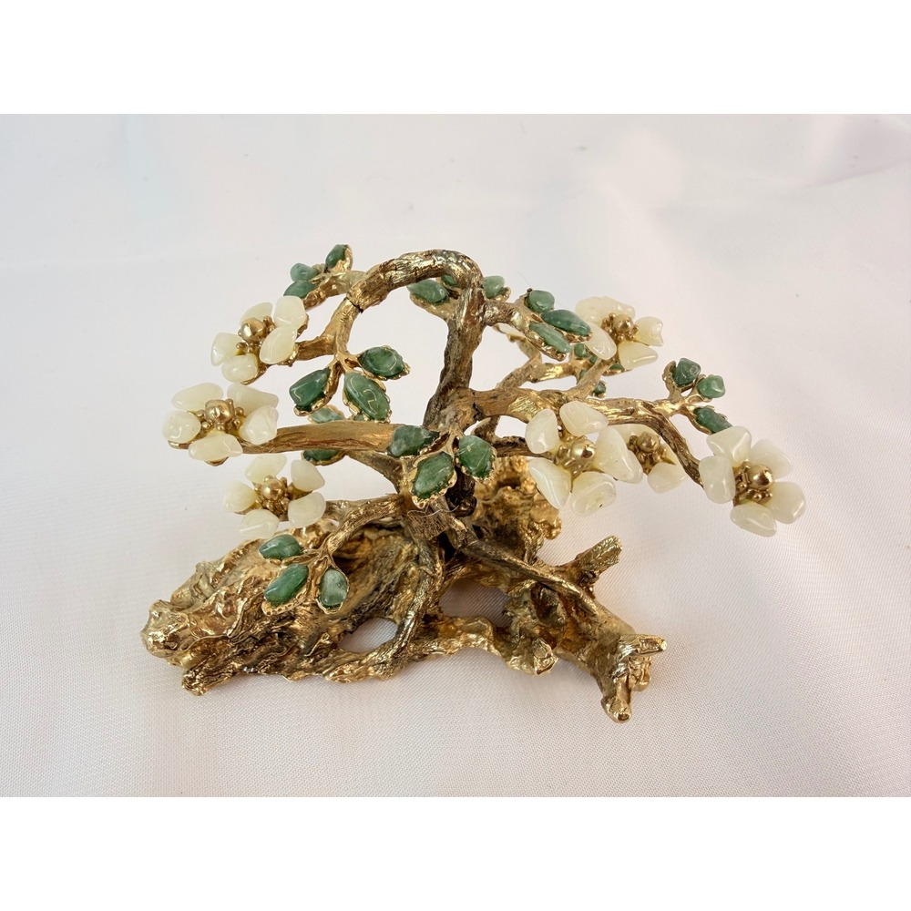 Vintage Swoboda Bonsai Tree Sculpture Gold Plated Jade & White Stone Flowers